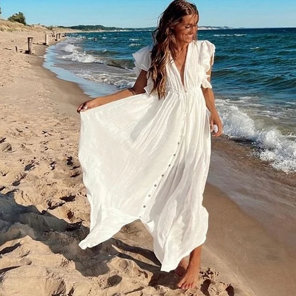 New Gauzy Cover Up Maxi Dress Button Front Deep Plunge White